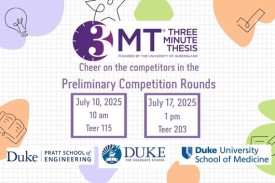Cheer on the competitors in the Three Minute Thesis Preliminary Competition Rounds on July 10, 2025 at 10am in Teer 115 and on July 17, 2025 at 1pm in Teer 203.